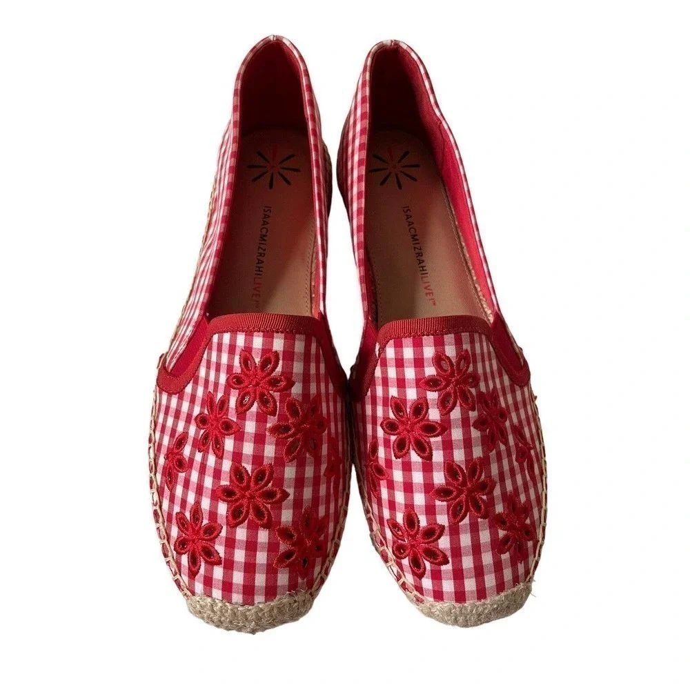 Isaac Mizrahi Live! Red Gingham Ladies Espadrilles Eyelet Embroidery Size 9 M